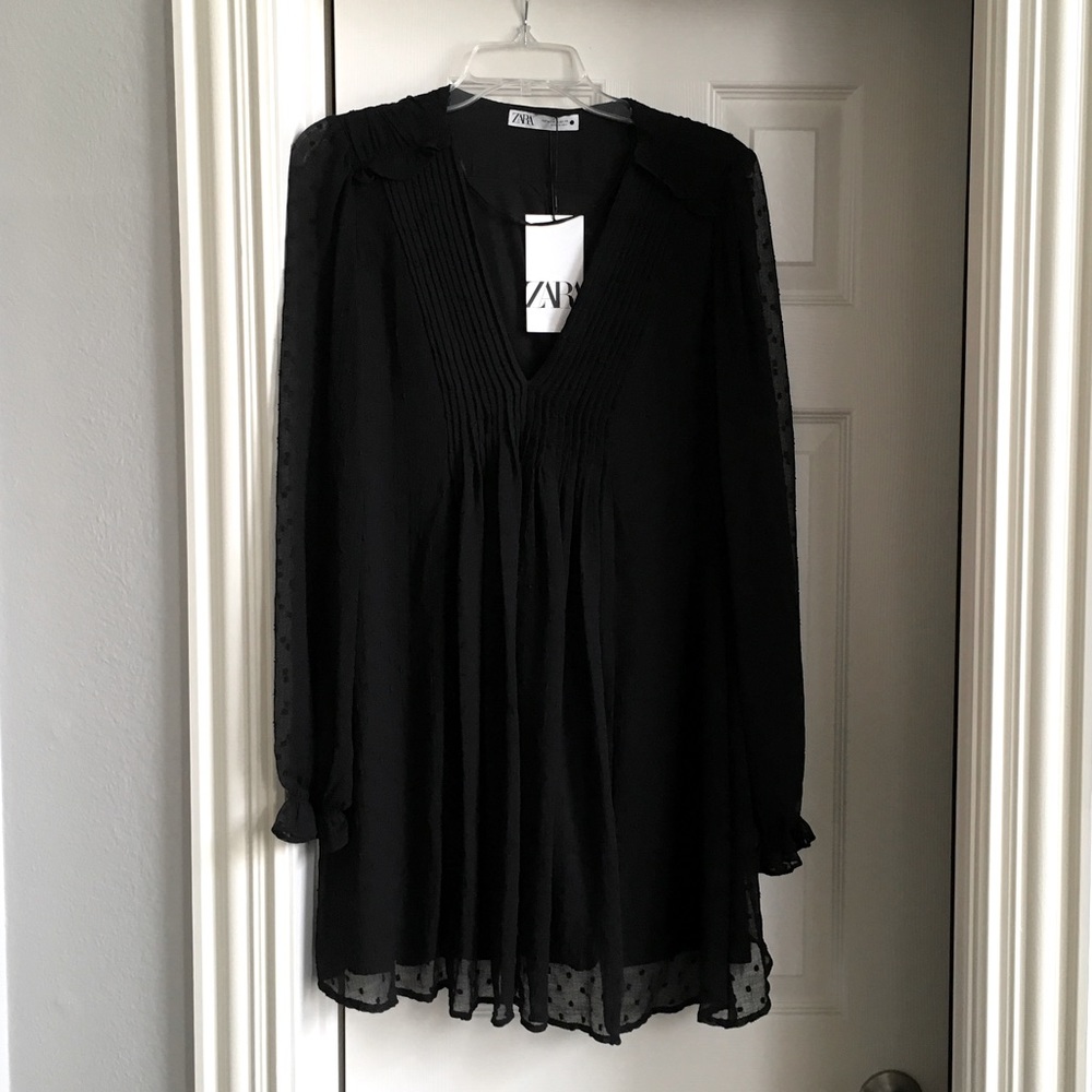 Zara Black Dotted Mesh Ruffle Mini Dress